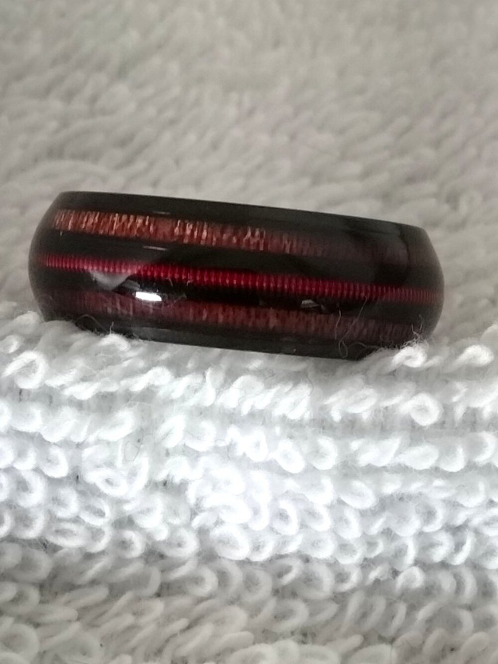 Size 13 Black Steel Wedding Band with Simulated Wood & Red Center Ring